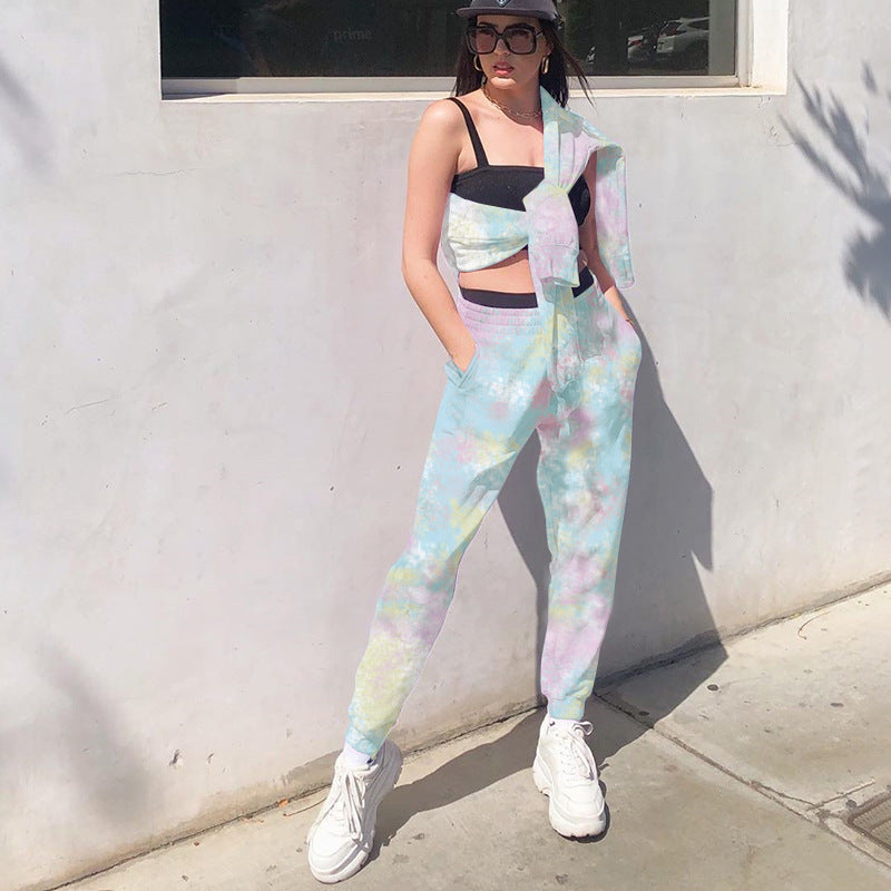Women's Elastic High Waist Tie Dye Rainbow Slim Casual Pants