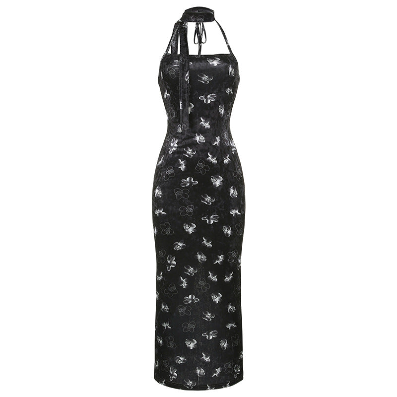 Women's Fashion Print High Waist Skinny Hip-hugging Halter Dress