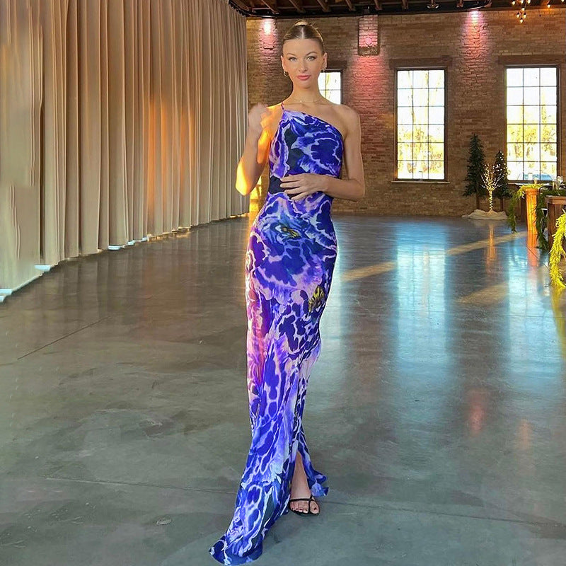 Women's Slanted Shoulder Sleeveless High Slit Chiffon Holiday Dress