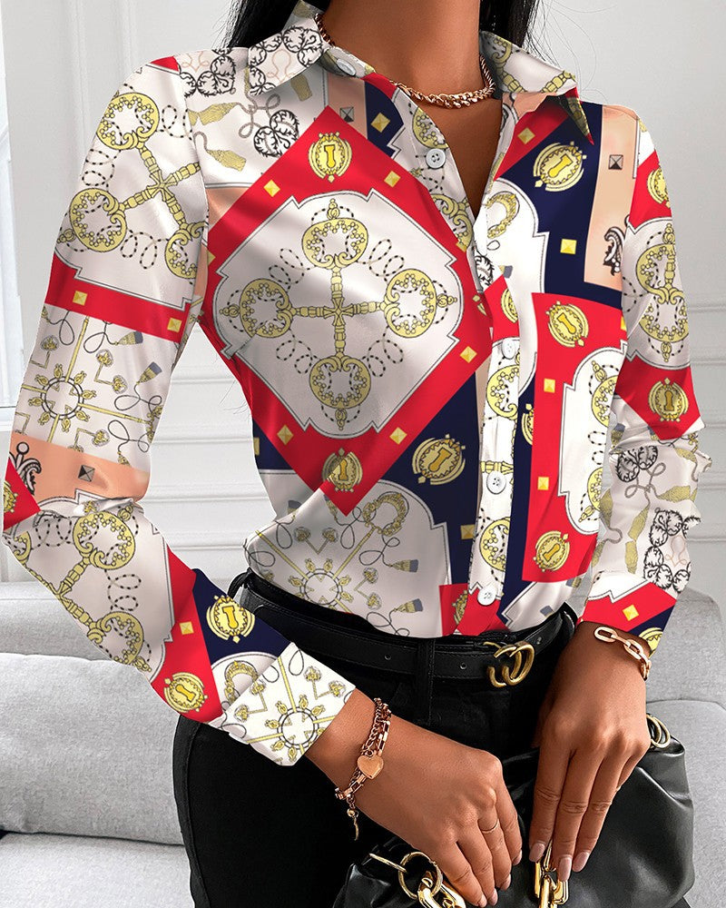 Loose Long Sleeve V Neck Button Print Shirt Women
