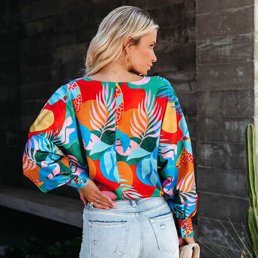 Women's Printed V-Neck Long Sleeve Loose Casual Shirt Top