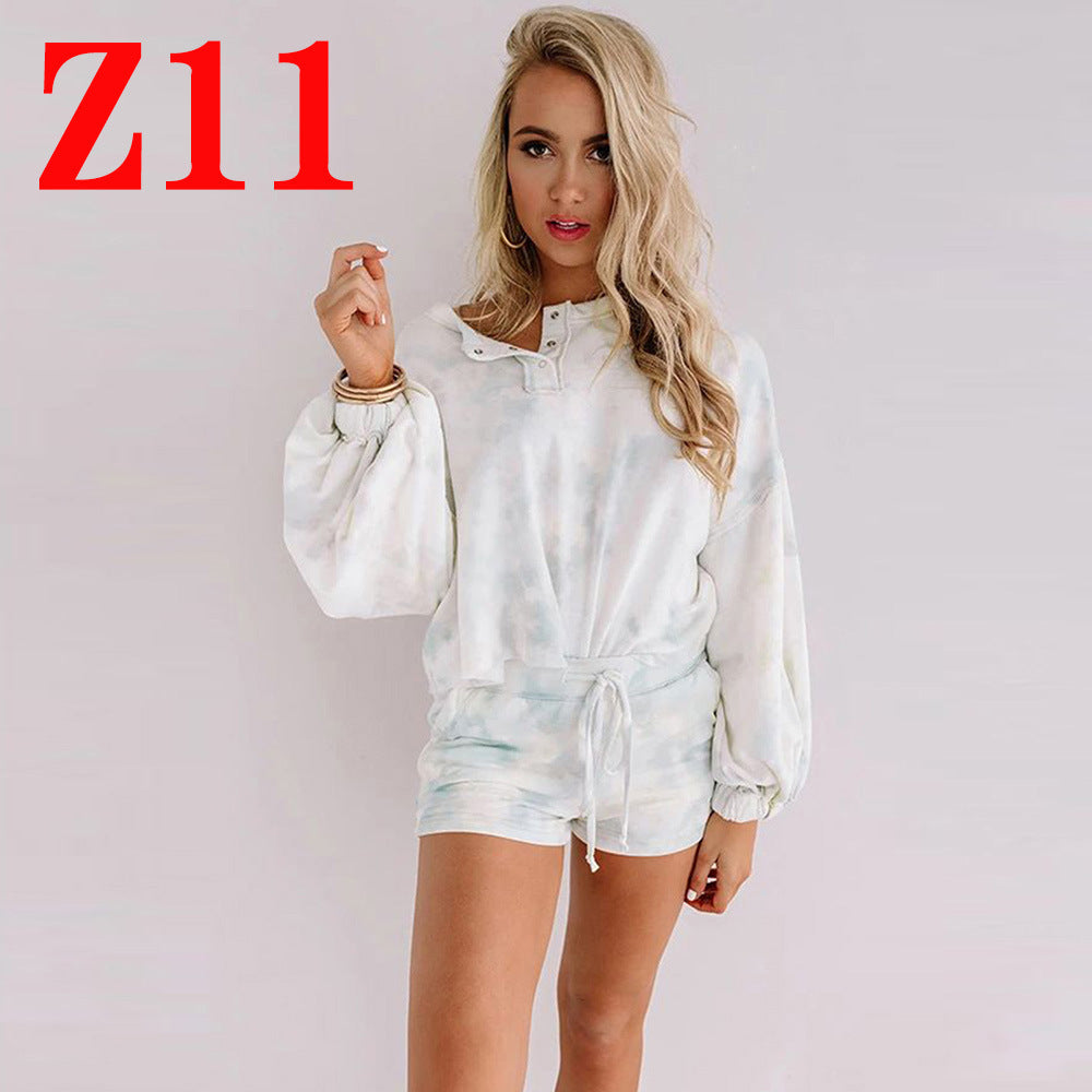 Tie Dye Print Loose T-Shirt Pullover Long Sleeve Shorts Set