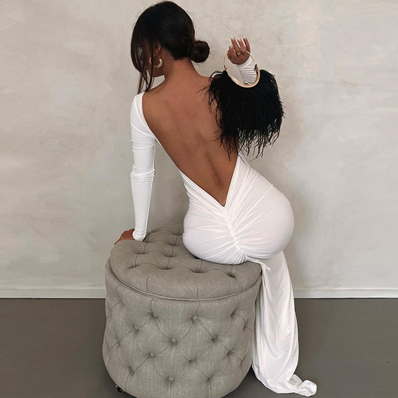 Solid Color Sexy Backless Pleated Long Elegant Slim Dress