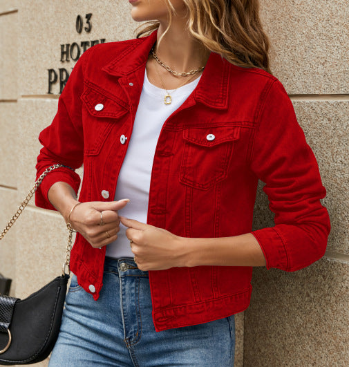 Solid Color Fashion Slim Lapel Denim Jacket