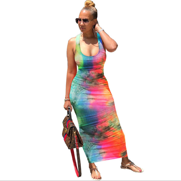Ladies Long Skirt Independent Tie-dye Back Tie Dress