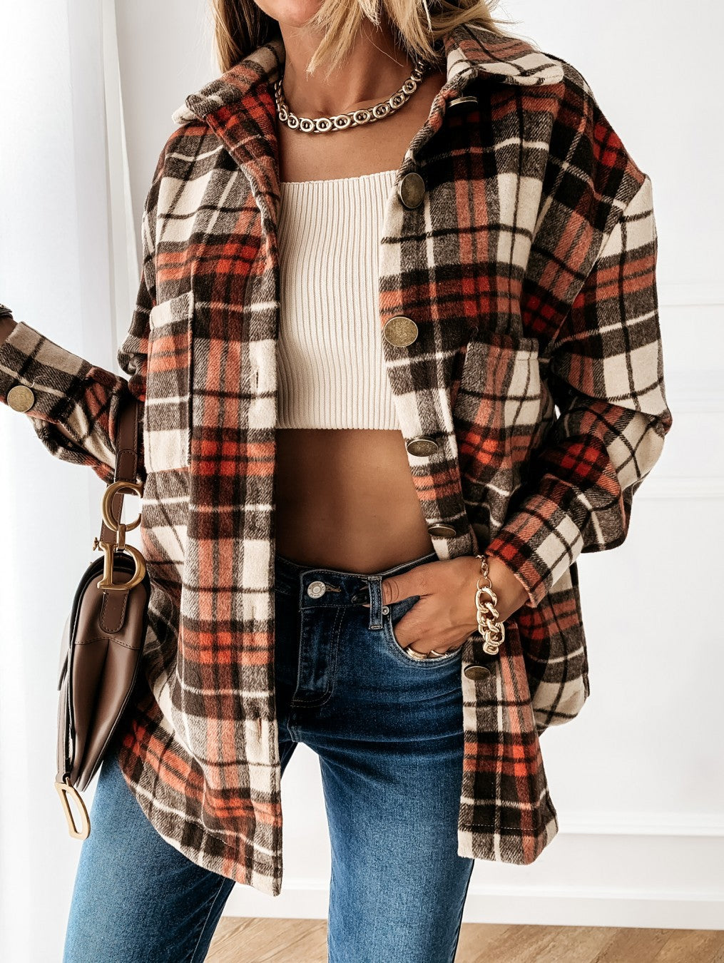 Loose Casual Retro Plaid Long-sleeved Shirt