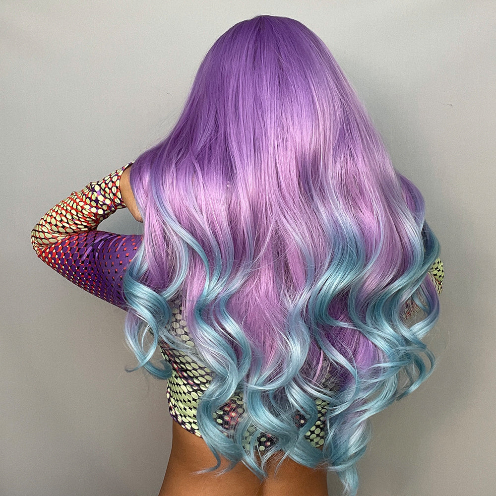 Cosplay Colored Wig With Long Curly Bangs And Purple Gradient Blue Hair