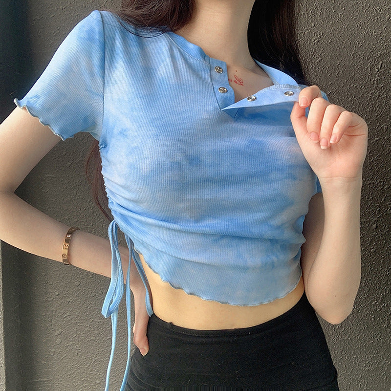 Tie-dye round neck fungus pleated T-shirt