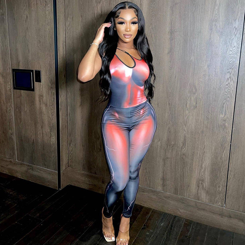 Printed Diagonal Neck Sleeveless Cutout Skinny Stretch Hip Lift Sports Sling Jumpsuit