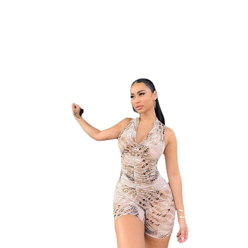 Snake Print Sleeveless V Neck High Waist Hip Raise Jumpsuit