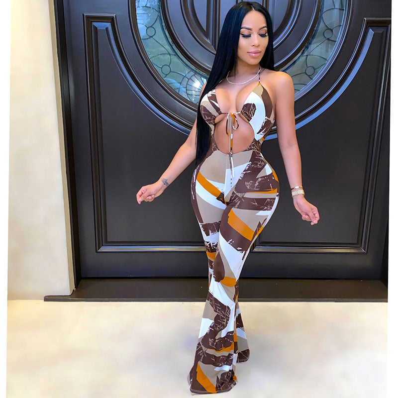 Suspender Halter Neck Navel Wide Leg Jumpsuit