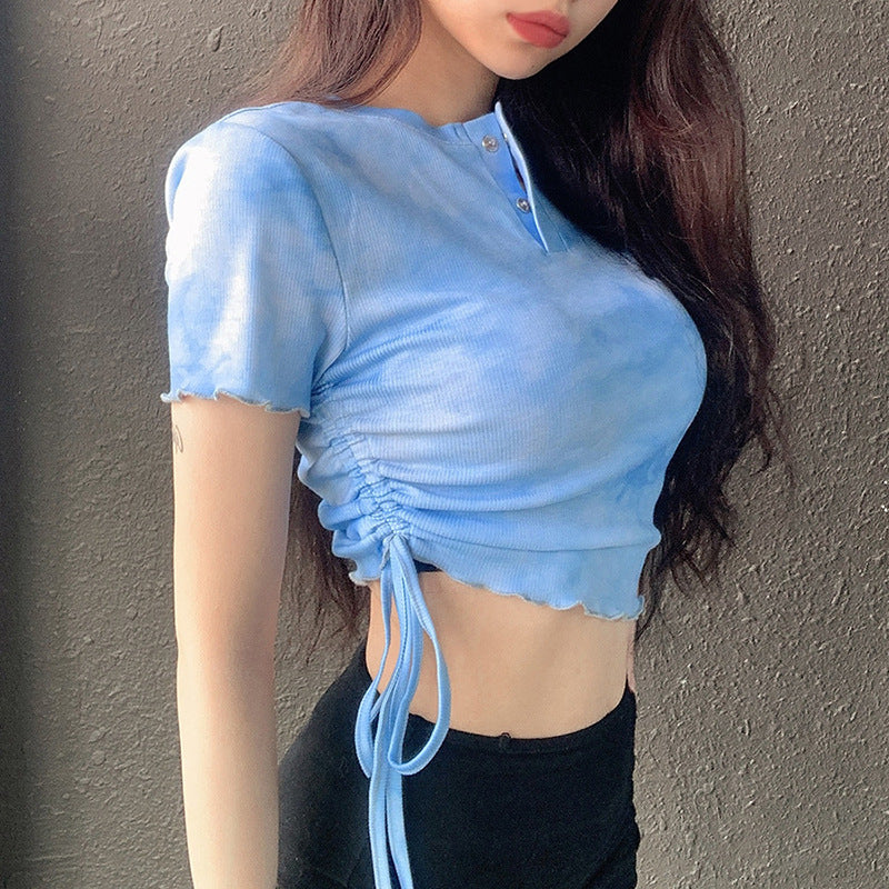 Tie-dye round neck fungus pleated T-shirt