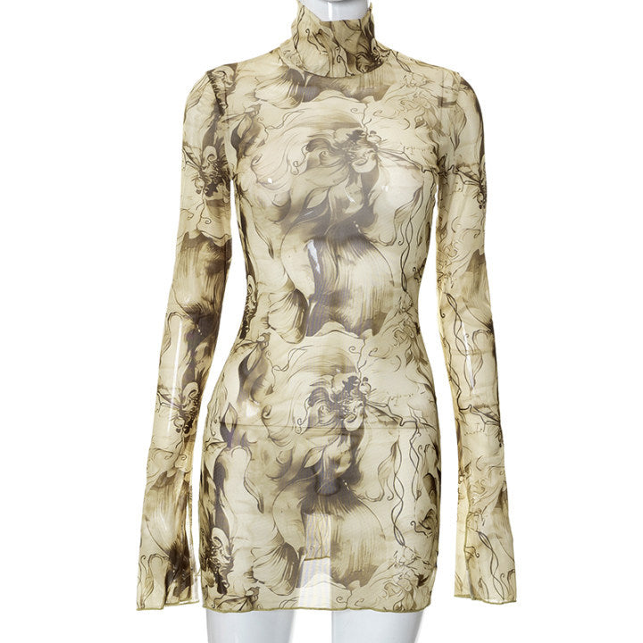 Mesh Floral Print Round-neck Flared Sleeves Side Open Sheath Dress