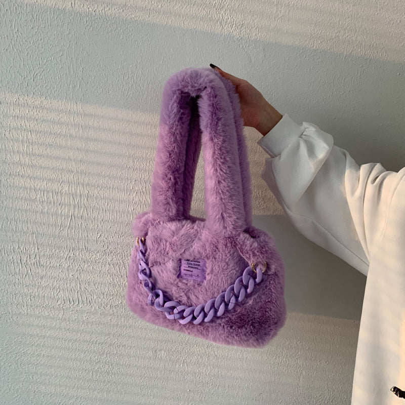 Girls Sweet Solid Color Underarm Trend Mao Shoulder Bag