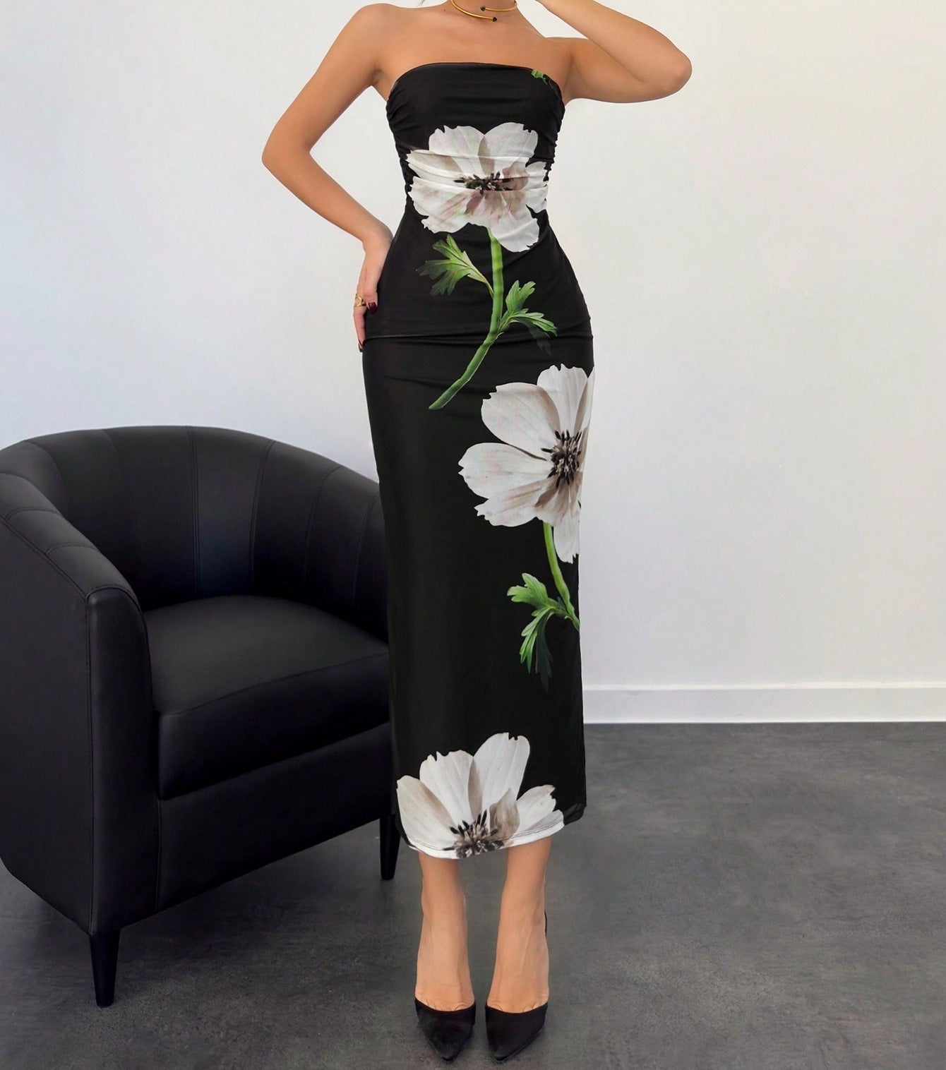 New Women's Slim-fit Contrast Colors Floral Print Dress