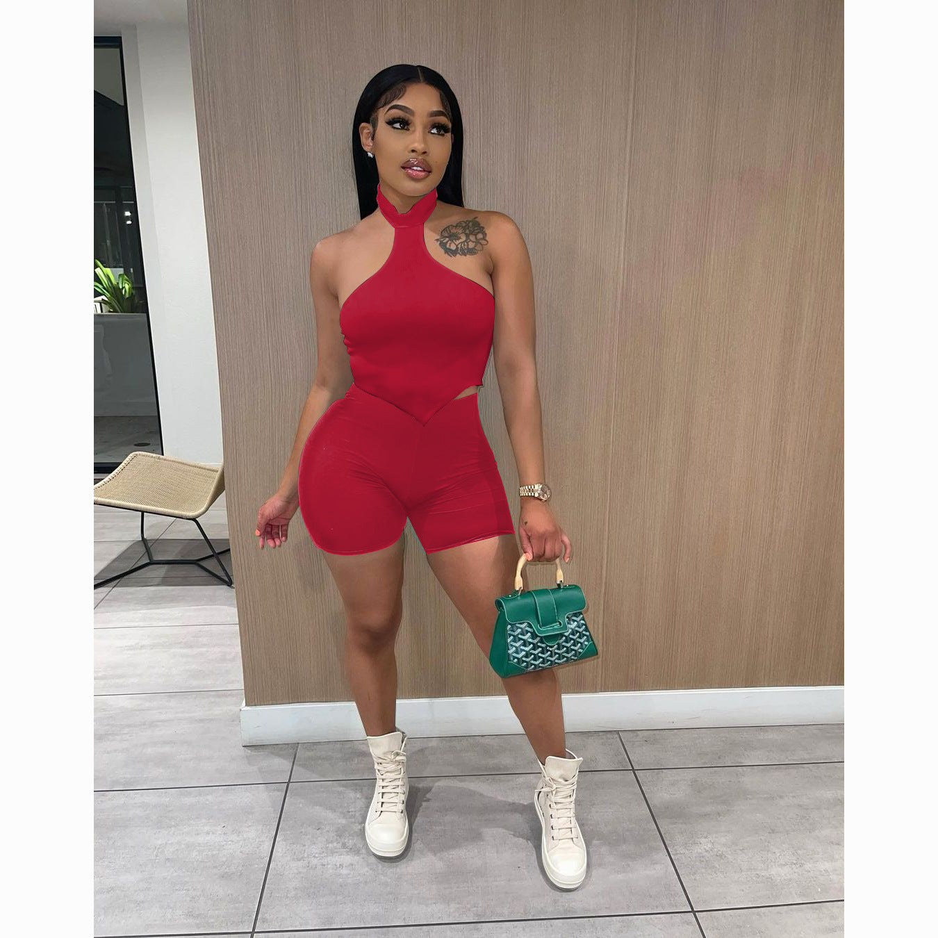 Women's Summer Halter Neck Back Short Sleeve Shorts Suit