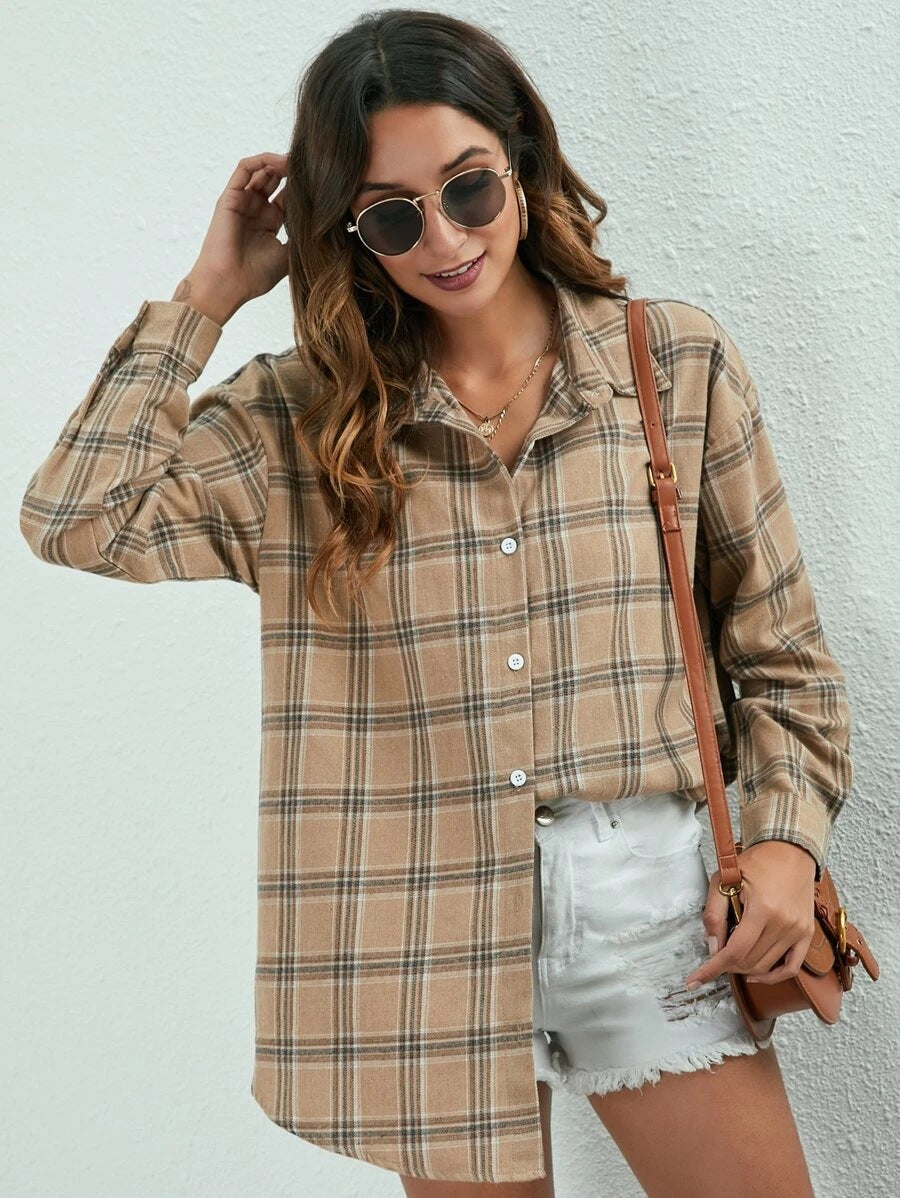 Loose And Slim Lapel Long Sleeved Brushed Plaid Shirt
