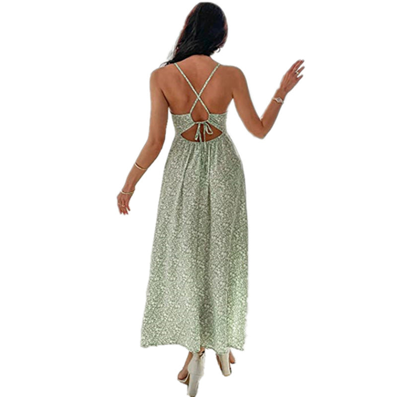 Summer European And American Women's Clothing Printed Sling Backless Casual Long Dress