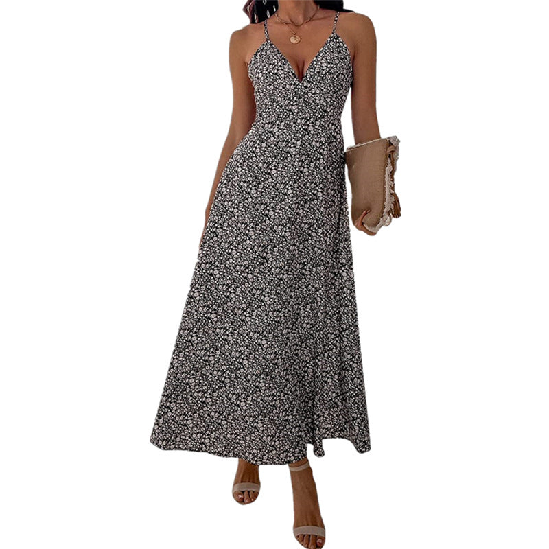 Summer European And American Women's Clothing Printed Sling Backless Casual Long Dress