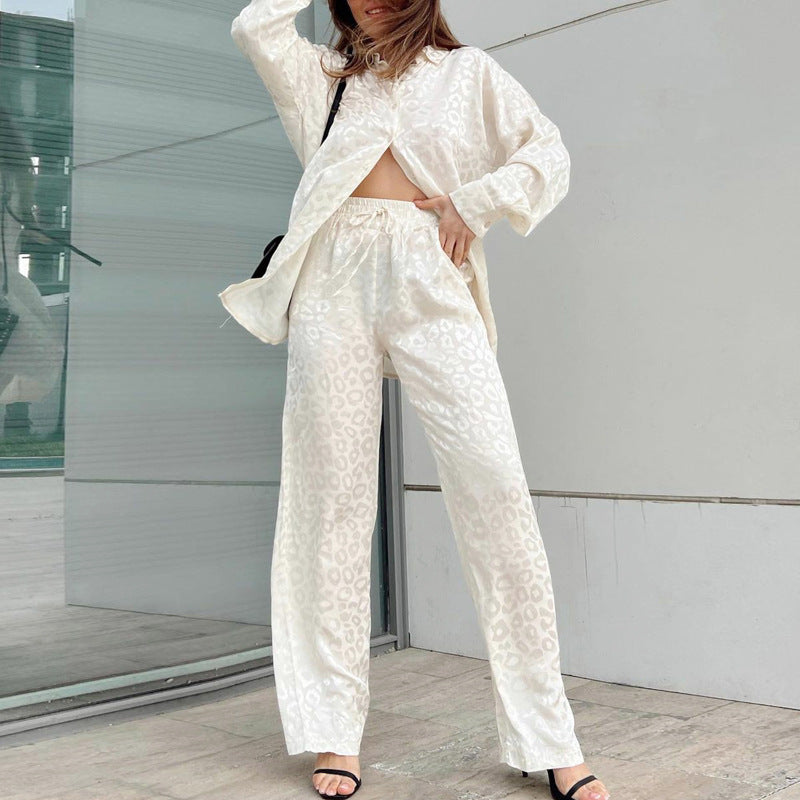 Women's Fashion Casual Leopard Print Jacquard Long-sleeved Trousers Two-piece Set