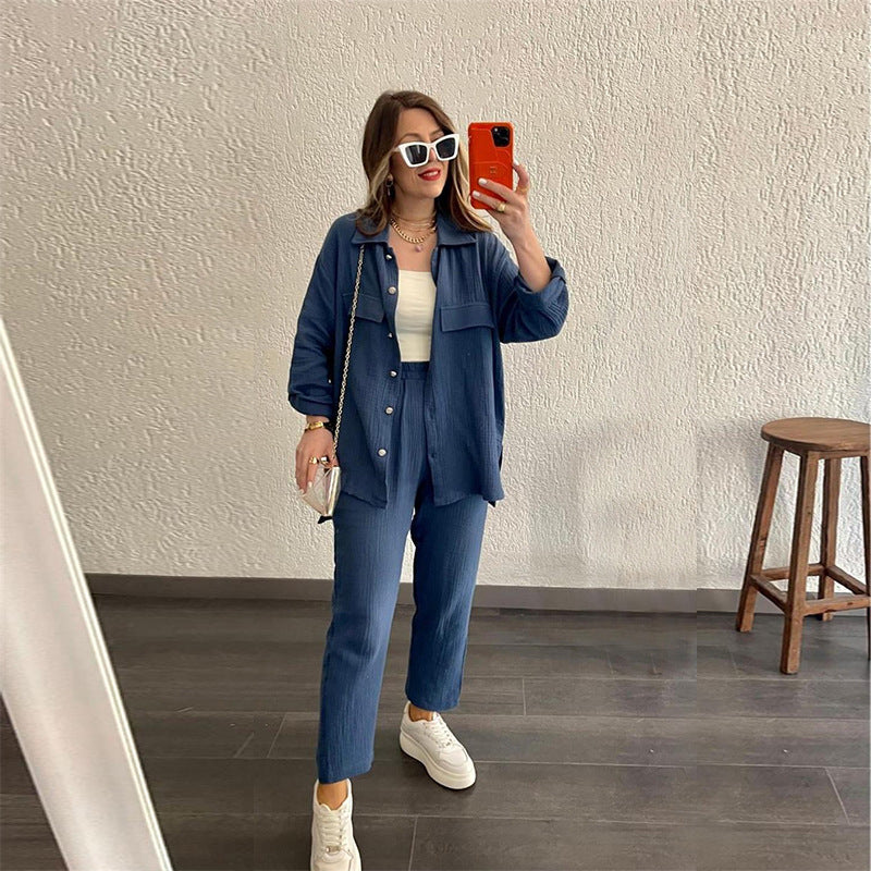 Women's Loose Long-sleeved Cropped Pants Casual Sports Shirt Outfit