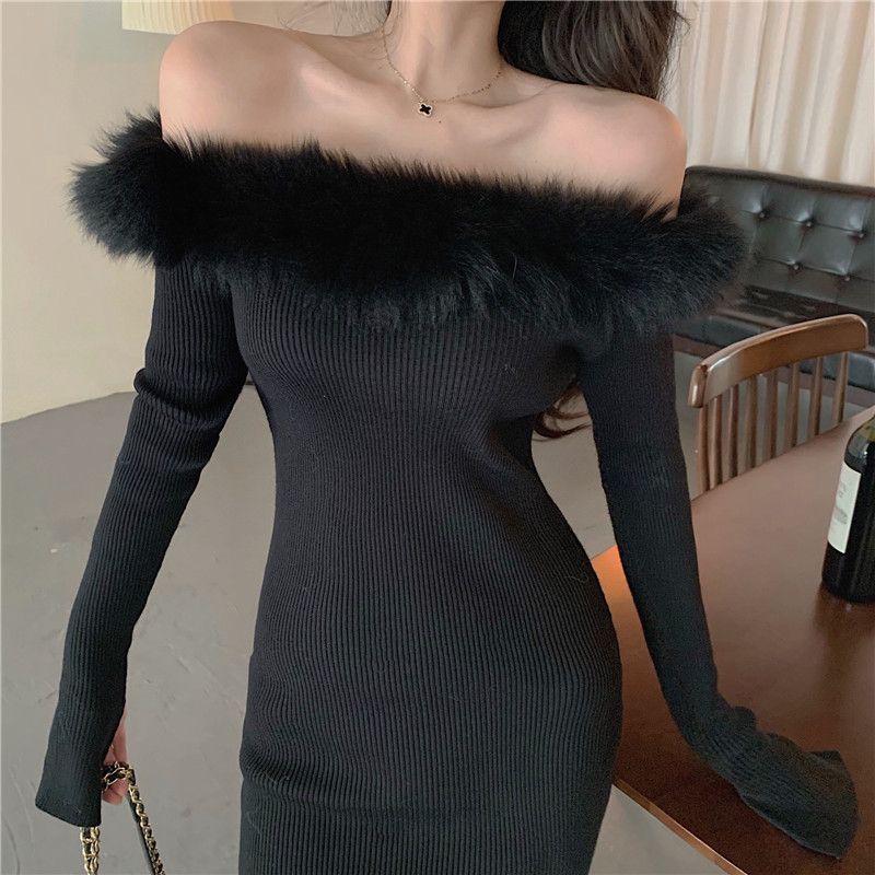 Off-shoulder Sweaters Dress Women's Autumn And Winter Leisure Slim Fit