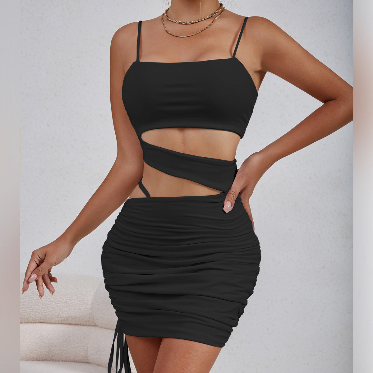 European And American Strap Pleated Dress