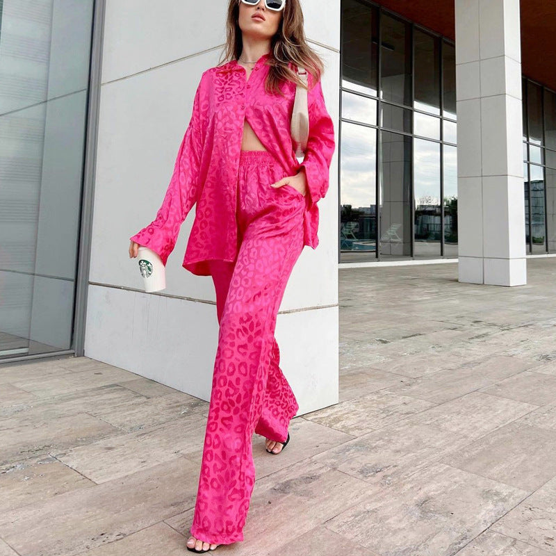 Women's Fashion Casual Leopard Print Jacquard Long-sleeved Trousers Two-piece Set