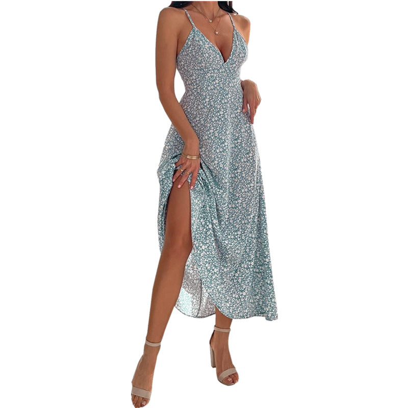 Summer European And American Women's Clothing Printed Sling Backless Casual Long Dress