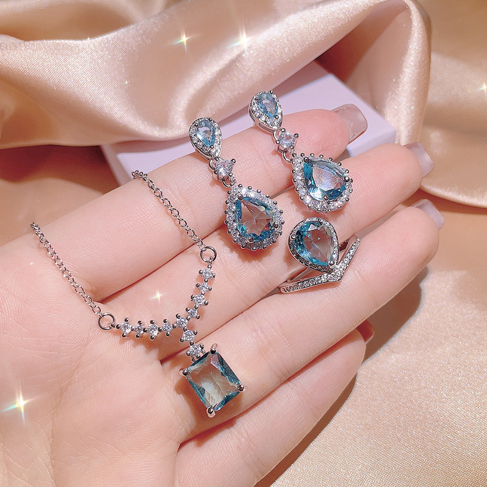 Women's Inlaid Blue Zircon Ring Earrings Necklace