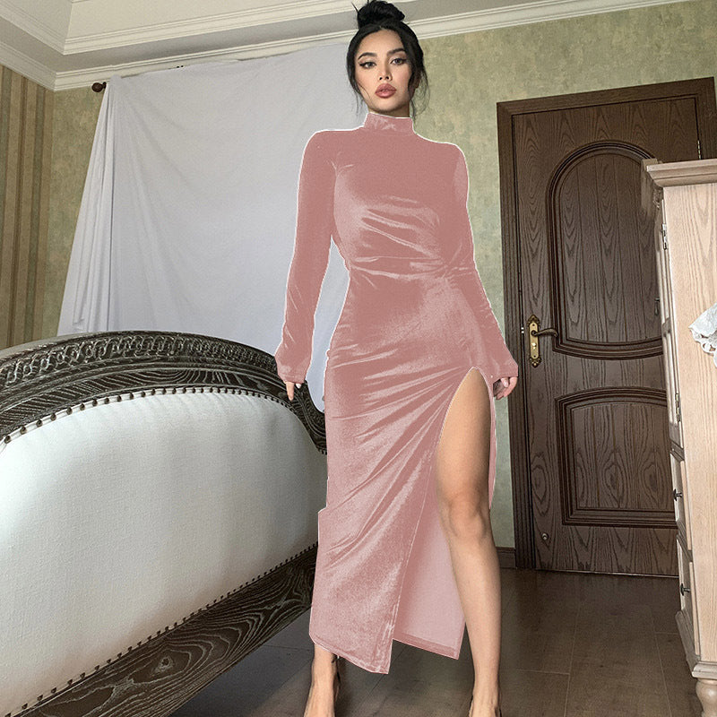 Turtleneck Duraplush Long Skirt Slim-fit Pleated Slit