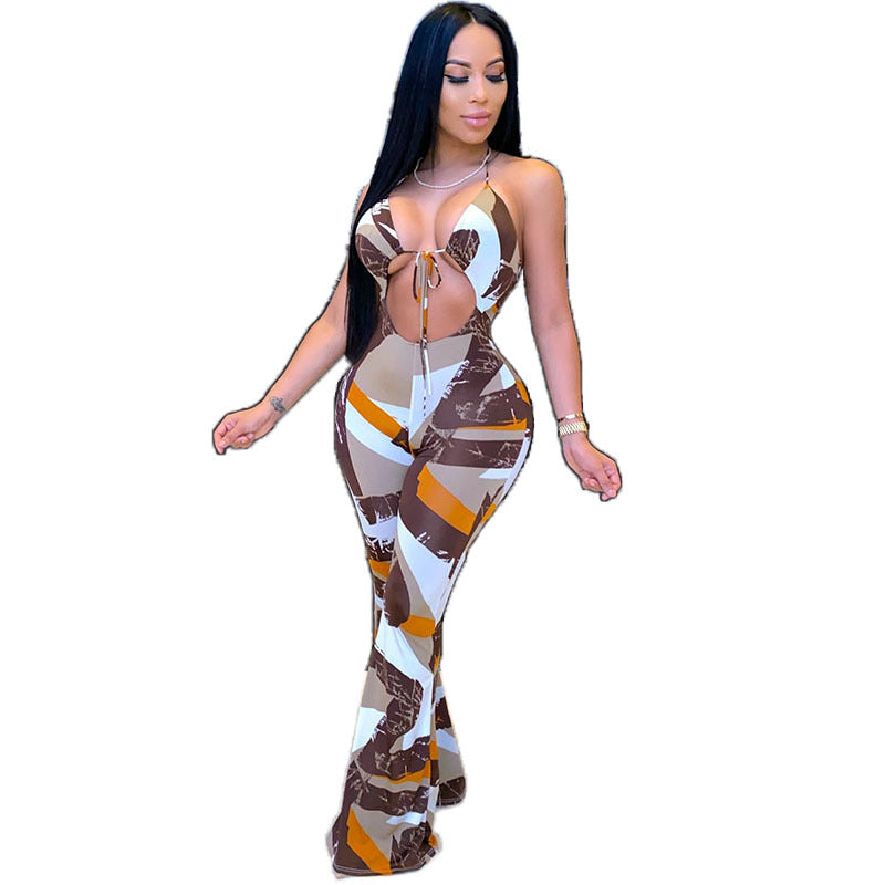 Suspender Halter Neck Navel Wide Leg Jumpsuit