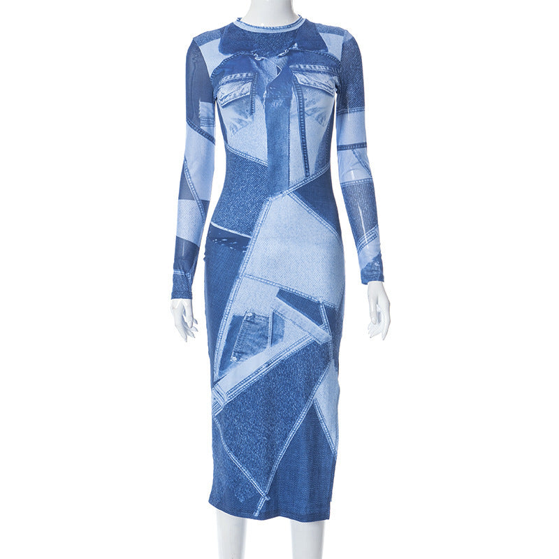 Women's Fashion Casual Denim Printing Round Neck Long Sleeve Slim Dress
