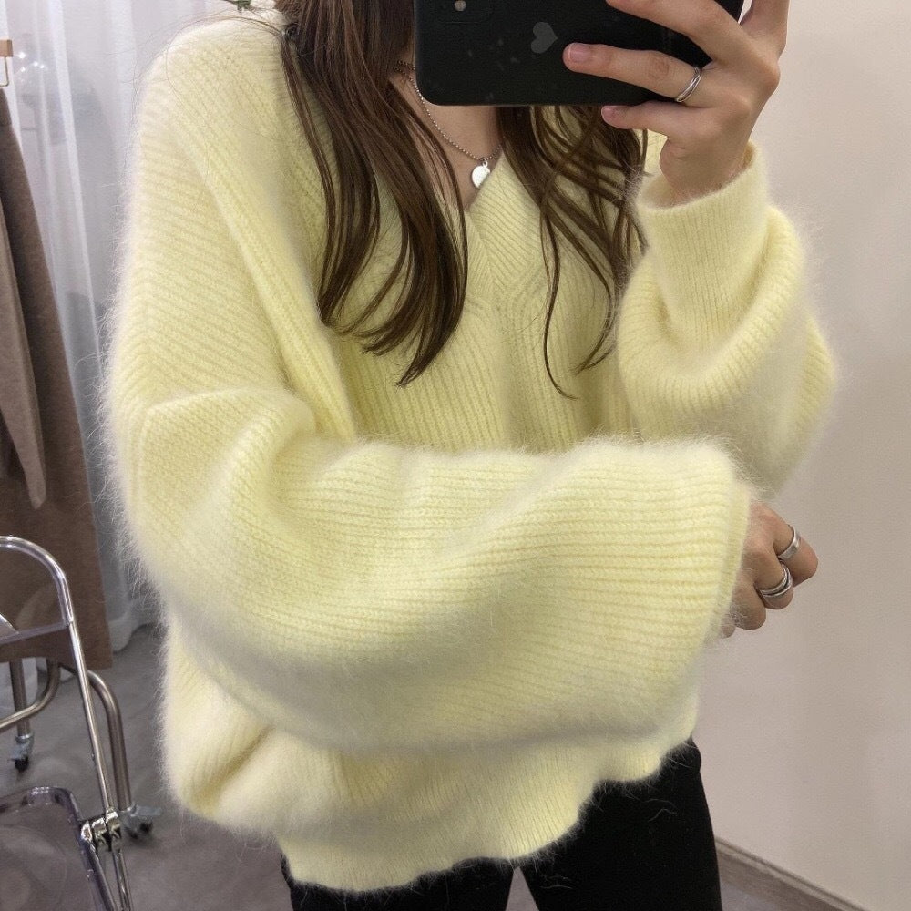 Western Style Lantern Sleeve Mink Wool Knit Sweater Women