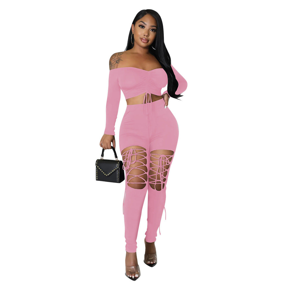 Europe And The United States Women's Solid Color Backless Strapless Drawstring Straps Two-piece