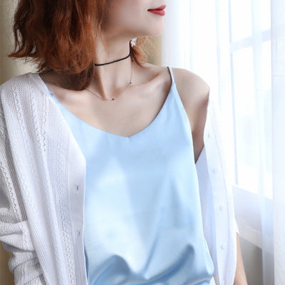 Solid Sleeveless Casual Tops V-Neck Female Vest Women Summer Silk Tank