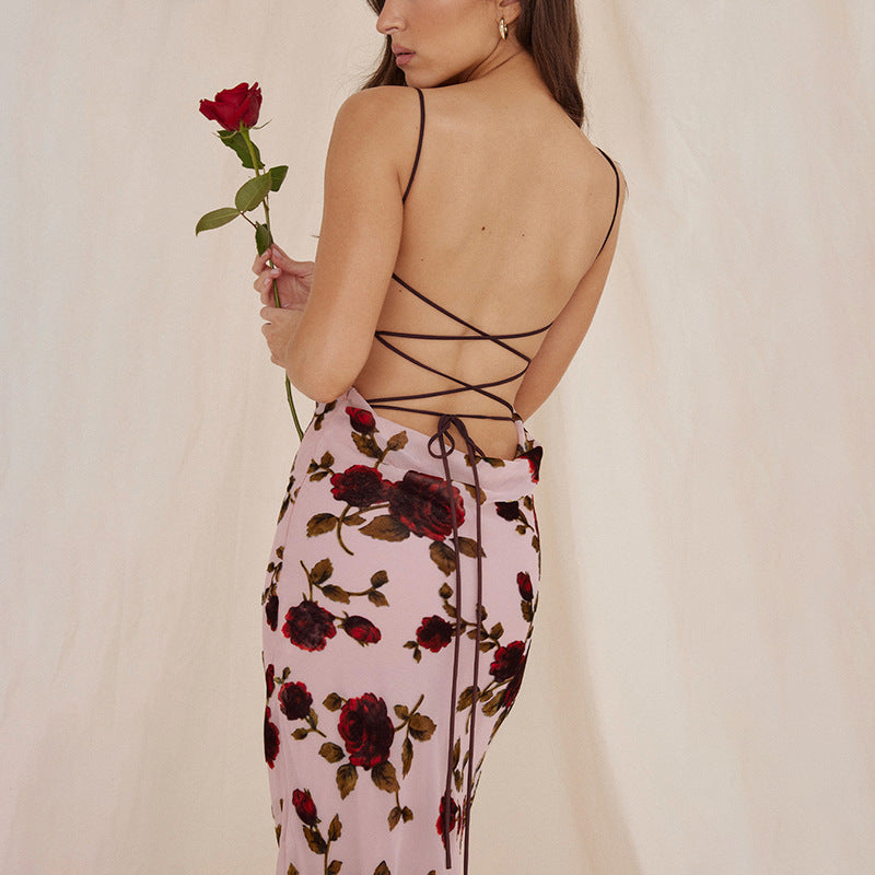 Rose Print Dress With Lace Spicy Girl