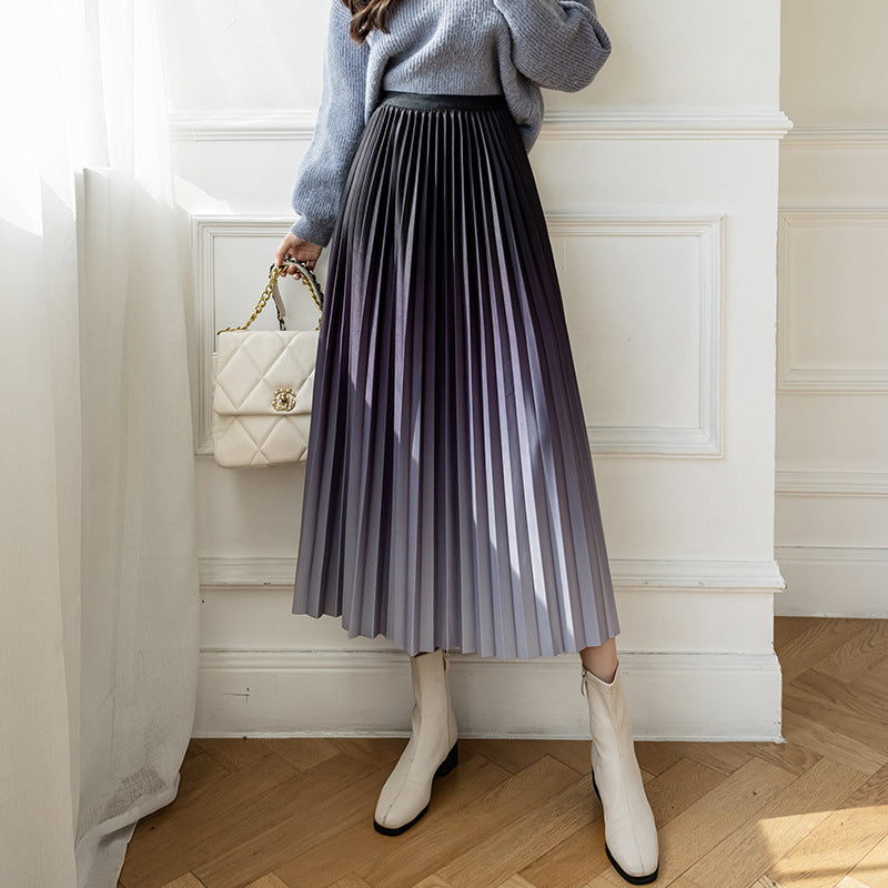 Niche Gradient Color Pleated High-grade Drape Mid-length Skirt