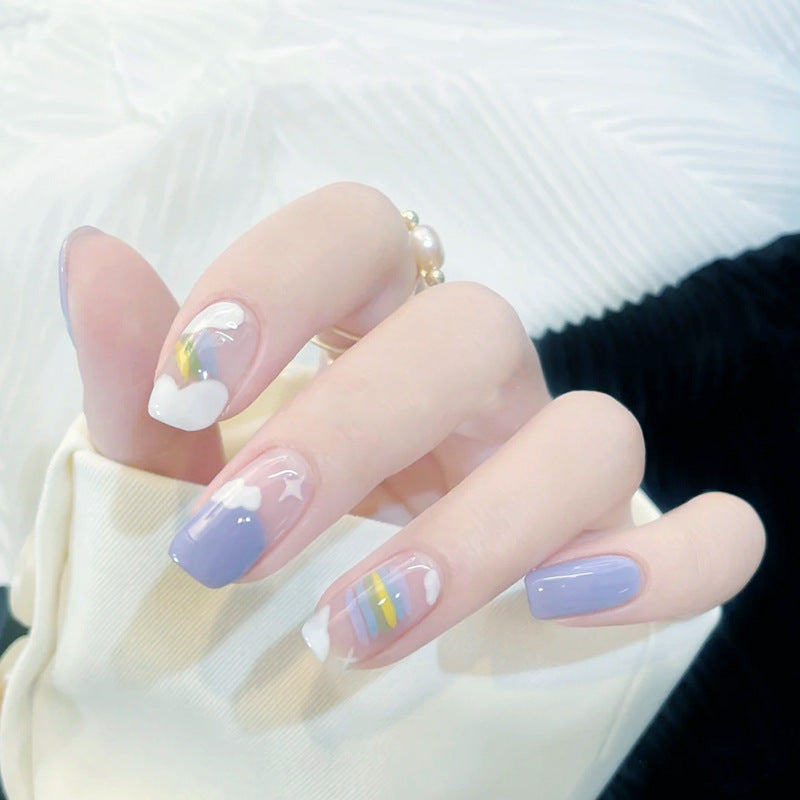 Wearing Nail Enhancement Patch With Blue Sky Rainbow Clouds
