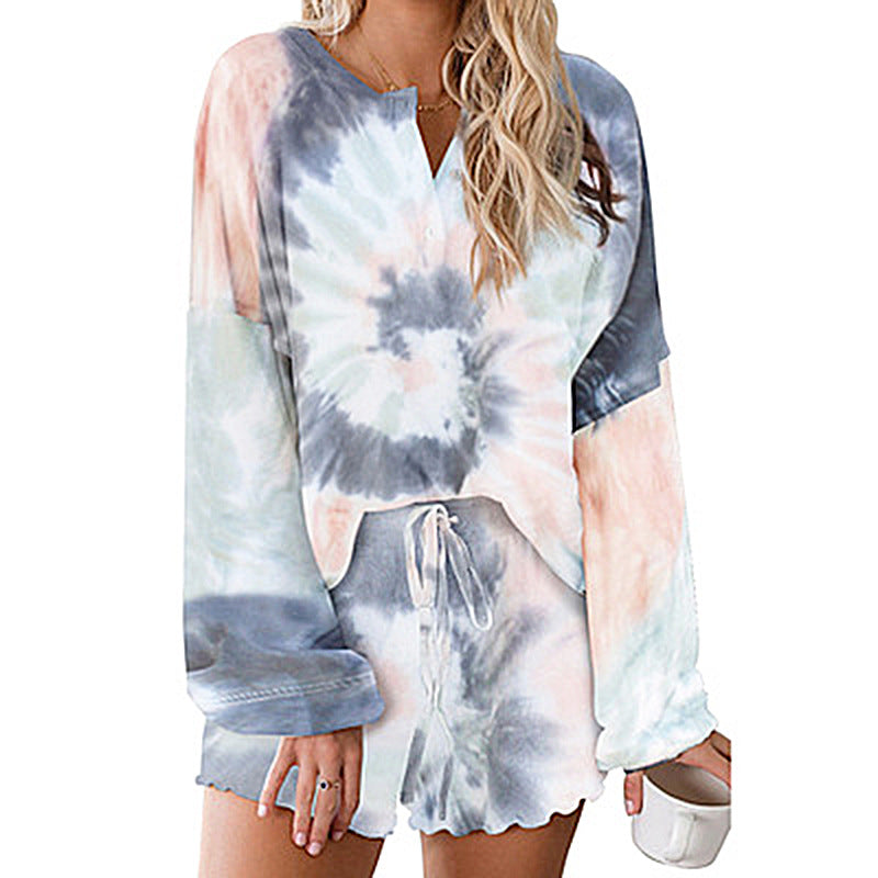 Tie-Dye Printed Casual Long-Sleeved Shorts Suit
