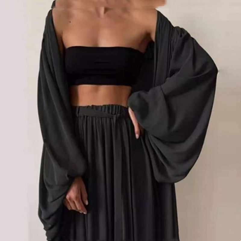 Women's Fashion Simple Solid Color Jacket 3 Pieces Set