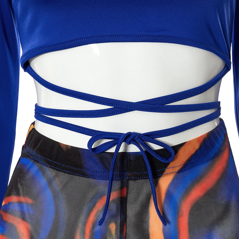 Women's Casual Printing Round Neck Long Sleeve Strap Suit