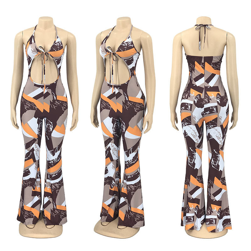 Suspender Halter Neck Navel Wide Leg Jumpsuit