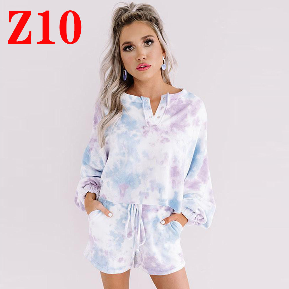 Tie Dye Print Loose T-Shirt Pullover Long Sleeve Shorts Set