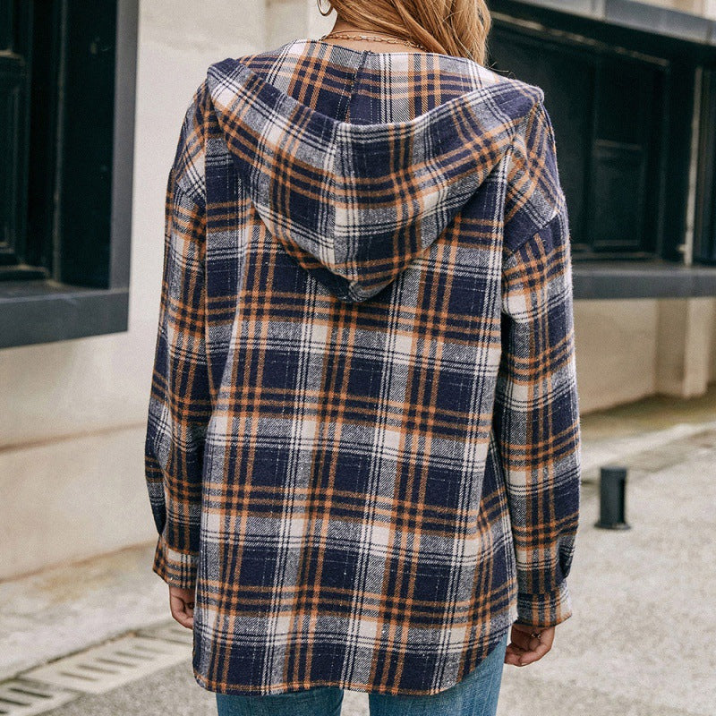 Loose Casual Long-sleeved Single-breasted Check Hooded Jacket