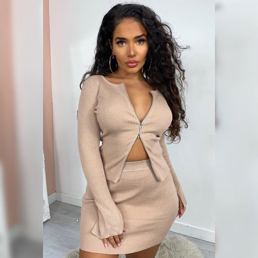 Double Zipper Pit Strip Long Sleeve Top Short Skirt Fashion Set