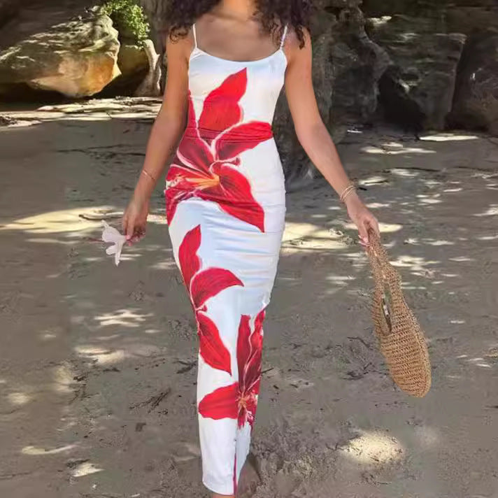 Women's Summer Fashion Suspenders Slim-fit Slit Hip-wrapped Floral Dress