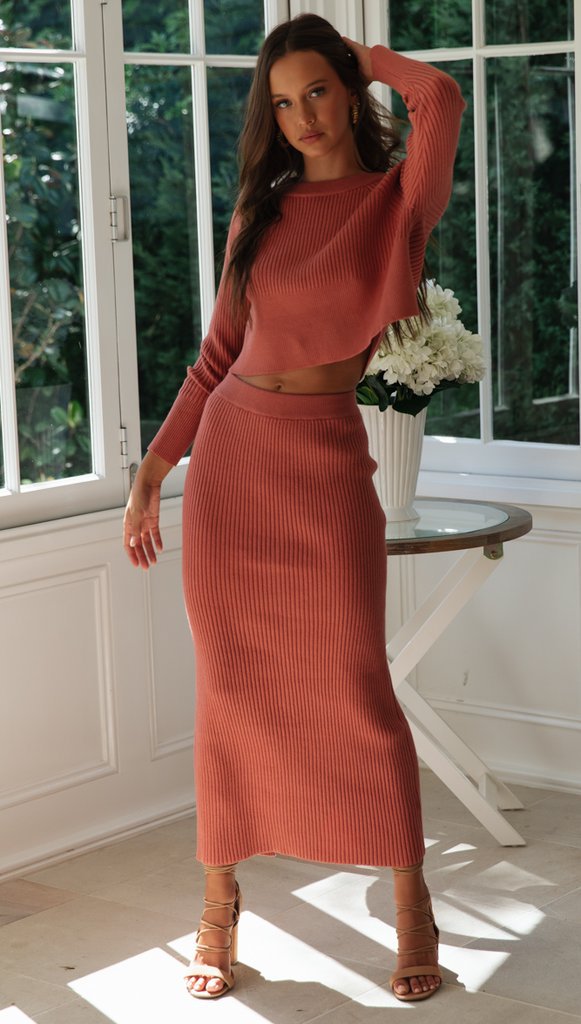 Women's 2 Piece Sweater Outfit Sets Long Sleeve Knit Top And Bodycon Slit Midi Skirt Dress