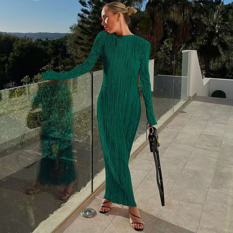 Casual Solid Colour Round Neck Long Sleeve Slim Fit Dress