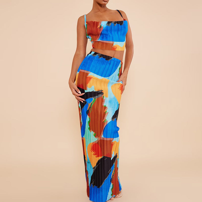 Women's Printed Pleated Two-piece Suspender Dress Suit